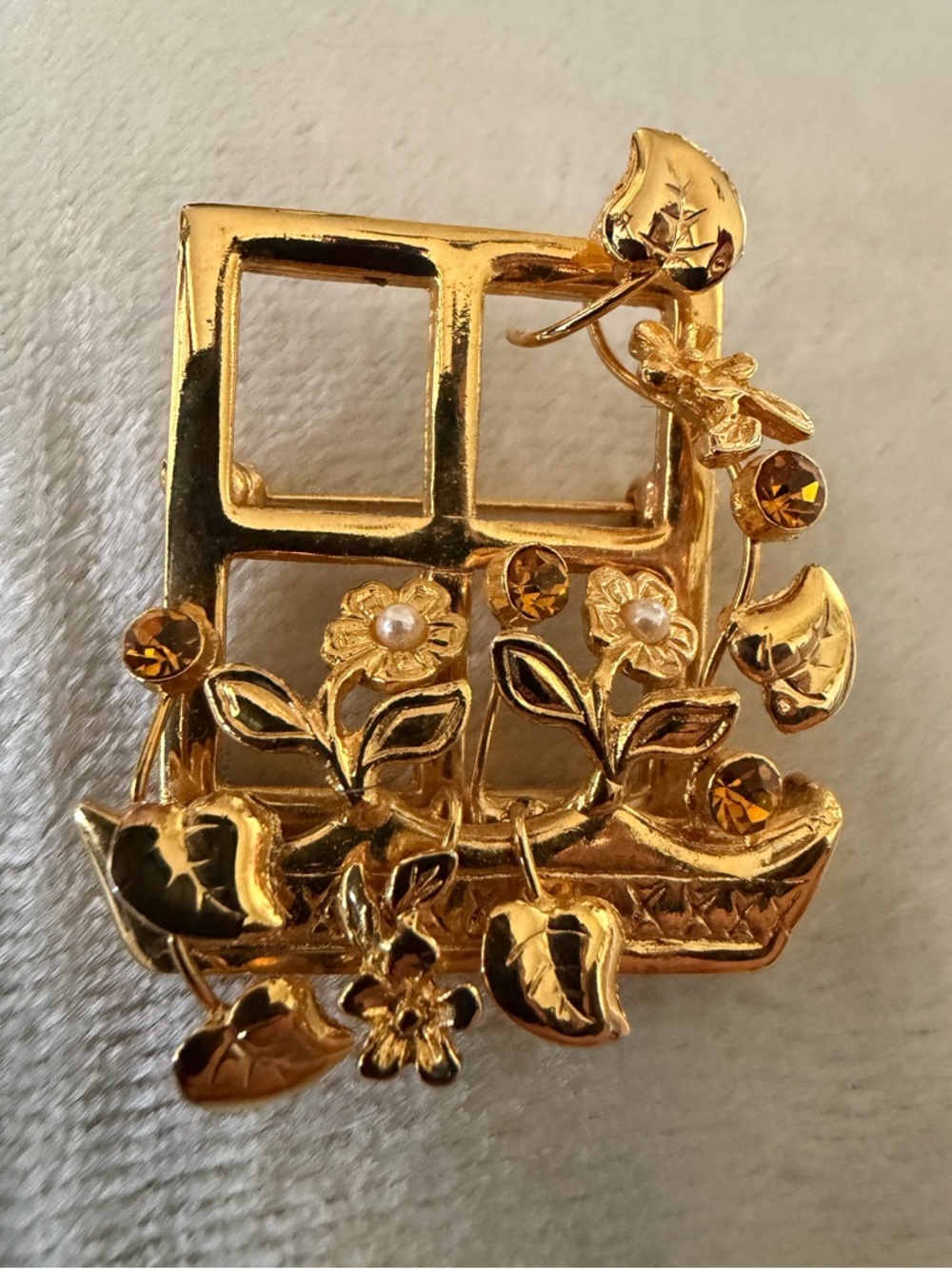 Gold Floral Window Planter Brooch - Women Jewelry